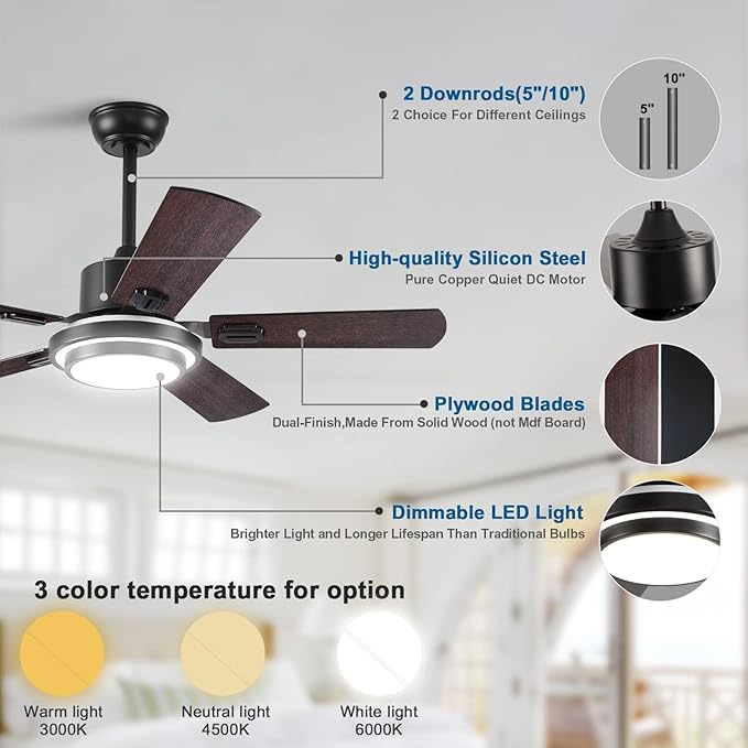 BOOMJOY 42Modern Black Ceiling Fans with Lights and Remote Control,5 Blades,Reversible DC motor,Wood Ceiling Fan with Light for Ourdoor Indoor Patios Farmhouse Living Room Kids Bedroom