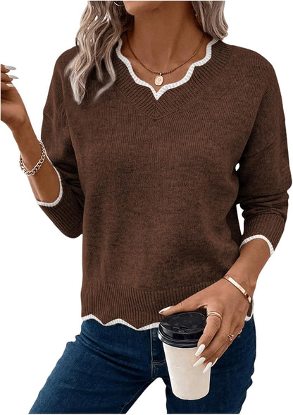 SOLY HUX Women's Long Sleeve Sweaters V Neck Knitted Sweater Tops Loose Jumper Pullover Fall Outfits