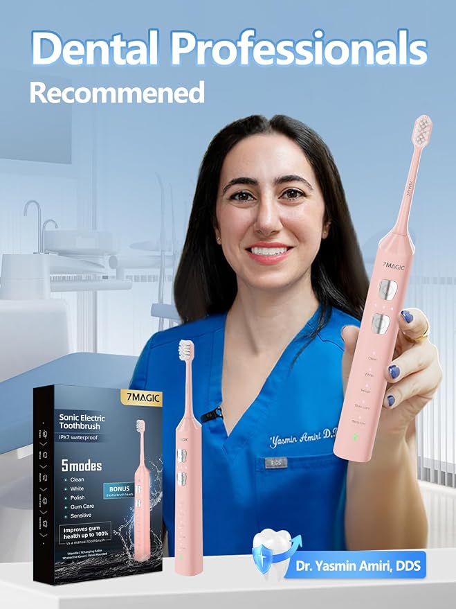 7MAGIC Sonic Electric Toothbrush, 180-Day Runtime, 42000 VPM, 8 Heads, Pink