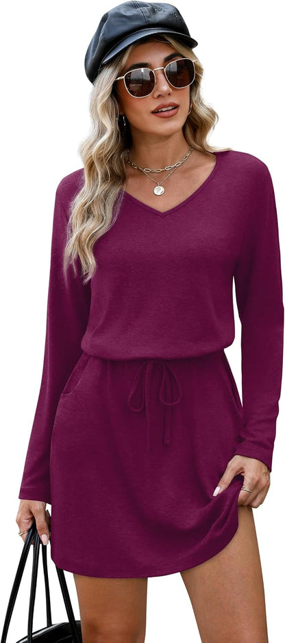 OFEEFAN Fall Dresses for Women 2025 Loose V Neck Long Sleeve T Shirts Casual Sundresses Tie Front A-Line Dresses