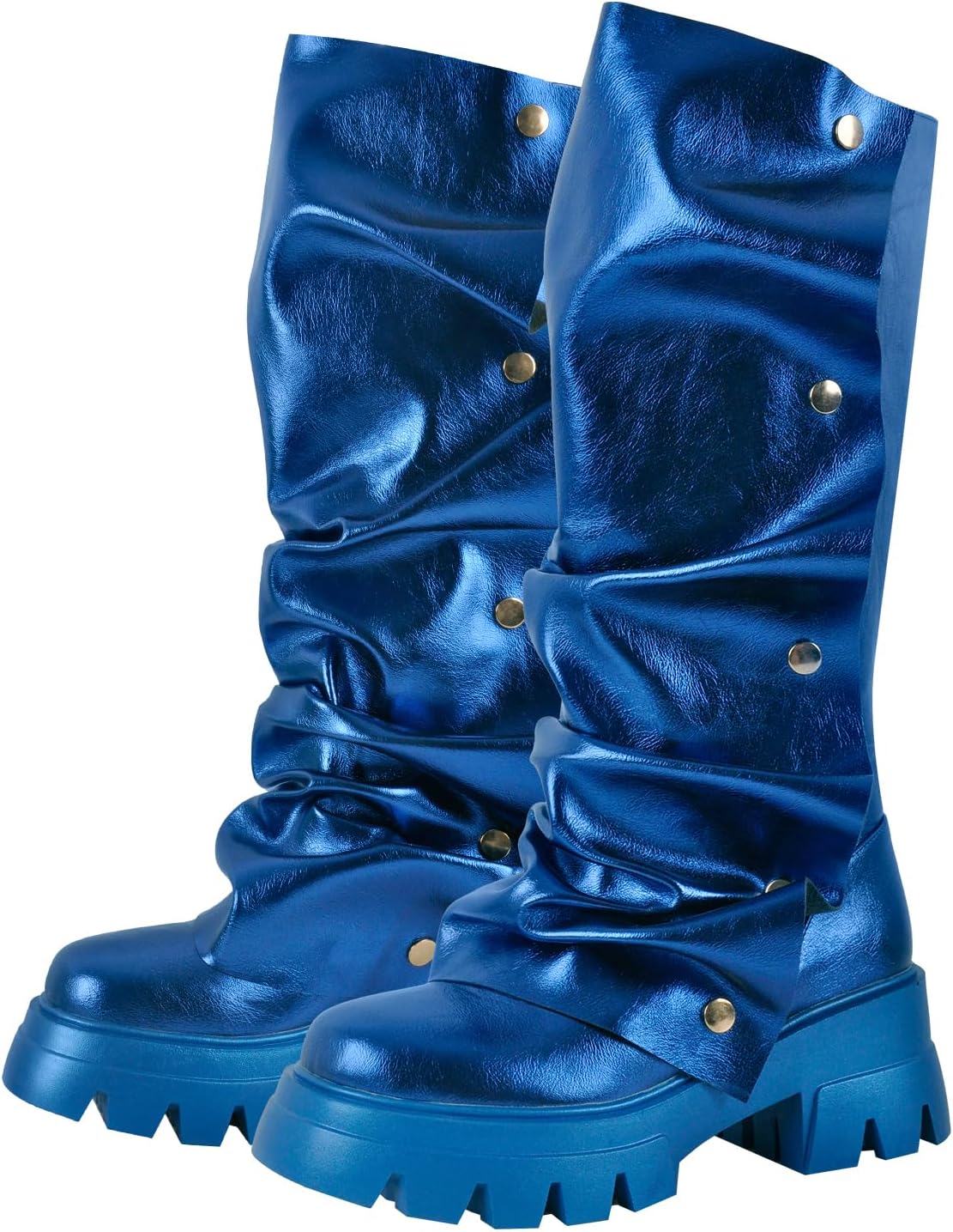 sexytag Women's Platform Slouchy Fold Over Boots Mid Calf Block Heel Round Toe Western Pull on Fashion Boot.