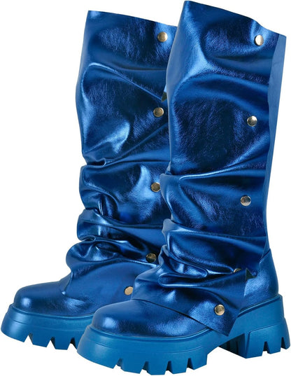 sexytag Women's Platform Slouchy Fold Over Boots Mid Calf Block Heel Round Toe Western Pull on Fashion Boot.