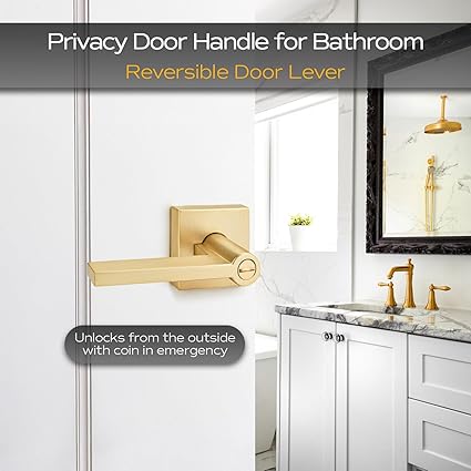 EHOMEWARE 1 Pack Gold Door Handles, Heavy Duty Door Knobs Interior for Bedroom Bathroom, Zinc Alloy Privacy Door Levers Door Handle with Lock, Satin Brass Modern Door Hardware  Locks