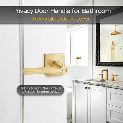 EHOMEWARE 1 Pack Gold Door Handles, Heavy Duty Door Knobs Interior for Bedroom Bathroom, Zinc Alloy Privacy Door Levers Door Handle with Lock, Satin Brass Modern Door Hardware  Locks
