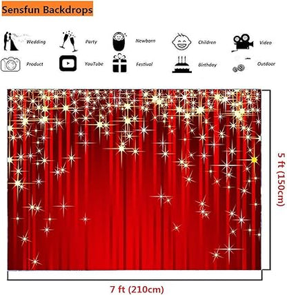 Sensfun 7x5ft Gold Starry Red Photography Backdrop Glitter Golden Star Stripes Background Red Christmas Backdrops for Wedding Birthday Xmas Party Banner Children Portrait Photo Studio Wall Decorations