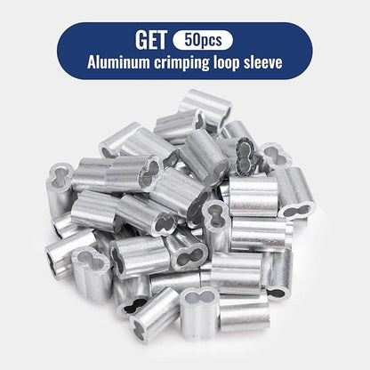 DOEWORKS Wire Rope Stainless Steel Vinyl Coated Aircraft Cable 18" Thru 316", 100 Ft 7x7 Strands Construction with 50Pcs Aluminum Sleeves,for Decking Railings String Lights,Outdoor,Garden or Crafts