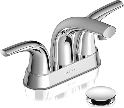 Bathroom Sink Faucet, Solid Brass 4 Inch Centerset Bathroom Faucet for Sink 3 Holes with Pop-up Drain  cUPC Lead-Free Hose, 2 Handles Modern Vanity Bath RV Faucet(Polished Chrome)