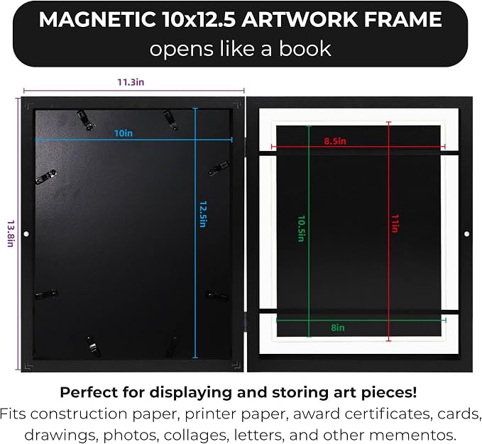 (1 Pack) Kids Artwork Frames Changeable 10x12.5 with Easel Stands, Hangers, Backboards, Shatterproof Plexiglass | 2 Mats Fit 9x12, 8.5x11, A4 Paper Sizes | Large and Easy-Access Kids Art Frame Display and Storage for up to 100 Sheets (Gold)