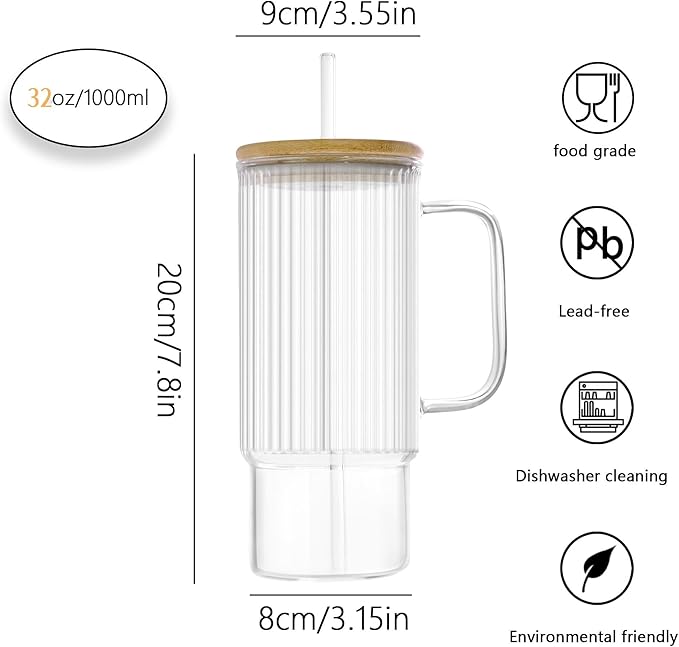 32oz Ribbed Glass Cup with Handle Bamboo Lid and Straw, Glass Tumbler, Iced Coffee Cups Hot/Cold Drink