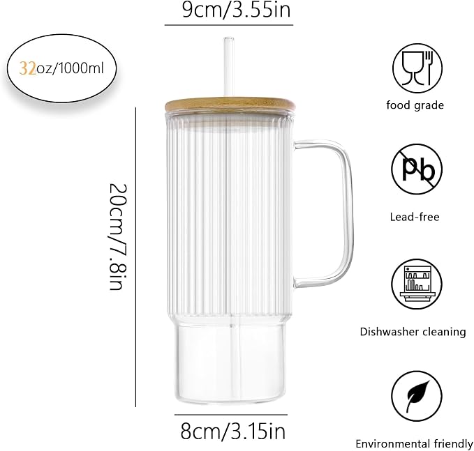 32oz Ribbed Glass Cup with Handle Bamboo Lid and Straw, Glass Tumbler, Iced Coffee Cups Hot/Cold Drinks