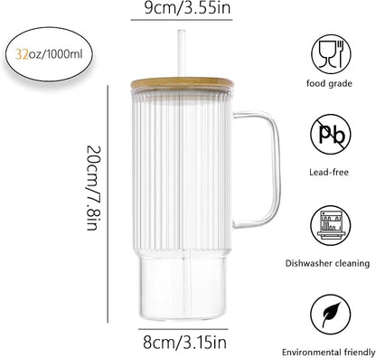 32oz Ribbed Glass Cup with Handle Bamboo Lid and Straw, Glass Tumbler, Iced Coffee Cups Hot/Cold Drinks