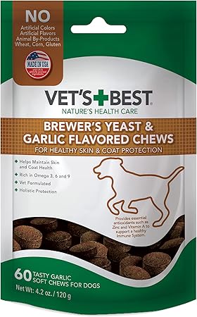 Vets Best Brewers Yeast  Garlic Chews, Omega 3 for Dogs Healthy Skin  Coat Protection for Dogs, Dog Formulated with Veterinary Recommended Dosage, Garlic Supplements, 60 ct