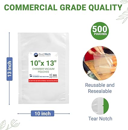 500 pcs Clear 10" x 13", 3 mil Vacuum Chamber Sealer Pre-Cut Bags BPA Free Great for Food Preservation, Freezer Storage Chamber Vacuum Sealer Bags with Tear Notch