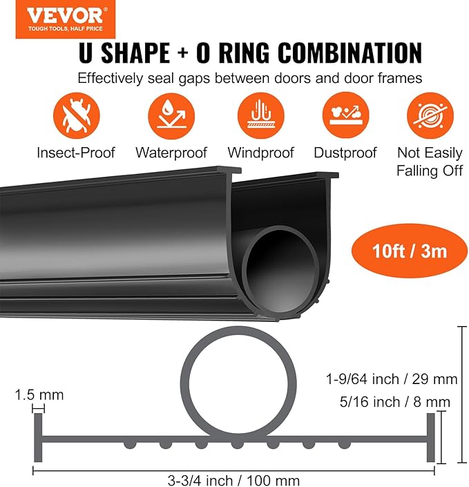 VEVOR Garage Door Seals Bottom Rubber, U Shape +O Ring Garage Door Weather Stripping, Universal Weatherproof Threshold Buffering Sealing Rubber, 5/16 inch T-Ends and 3 3/4 inch Width (10 Ft, Black)