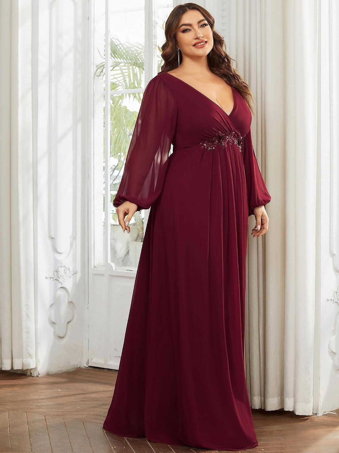 Ever-Pretty V Neck Long Sleeves Applique Chiffon Plus Size Long Ball Gown Formal Evening Dress for Women