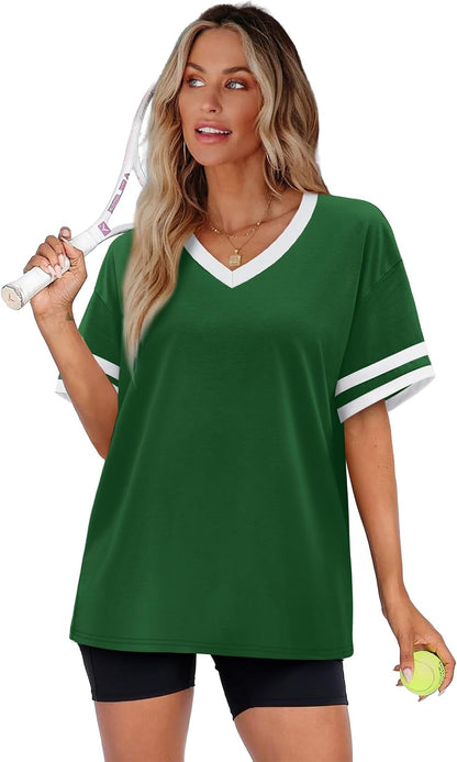 Womens T Shirts Loose Fit Short Sleeve Tees V Neck Color Block Summer Tops 2026 Fashion S-4XL