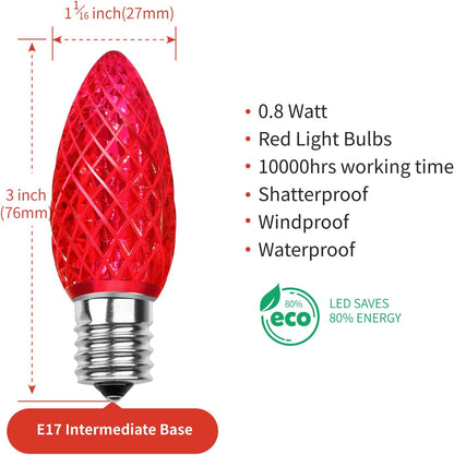Meconard 25 Pack C9 Faceted LED Christmas Light Bulbs, E17 Base, Red Shatterproof LED Durable Replacement Bulbs for Indoor Outdoor String Lights, Commercial Grade Holiday Roofline Lights