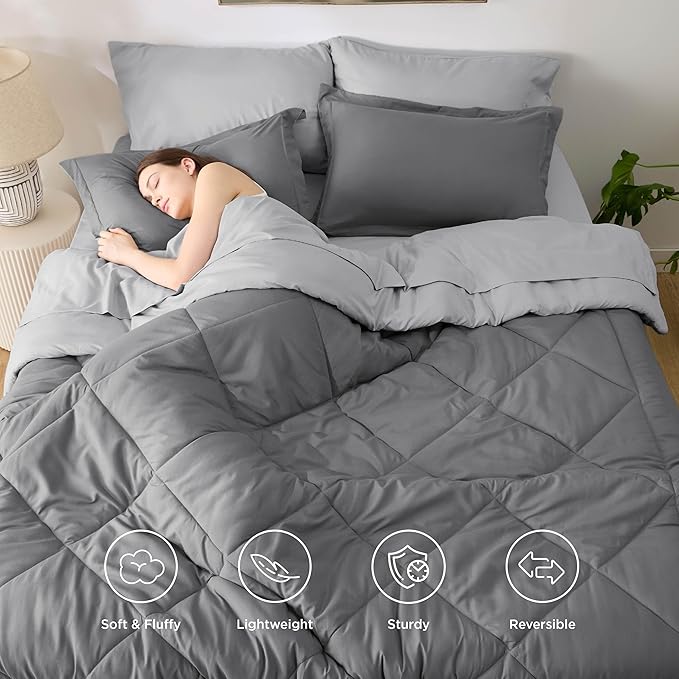 Bedsure Full Size Comforter Set - 7 Pieces Reversible Grey Bedding, Full Size Bed Set for All Seasons, Bed in a Bag with Down Alternative Comforter, Sheets, Pillowcases  Shams