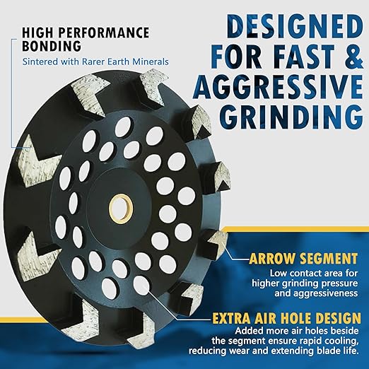 7" High Performance Diamond Grinding Wheels for Concrete, Paint, Epoxy, Mastic, Coating Removal, 3040 Grit, 10 Arrow Segments, 78"-58" Arbor