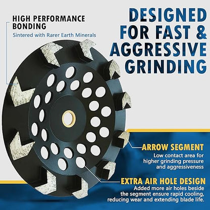 7" High Performance Diamond Grinding Wheels for Concrete, Paint, Epoxy, Mastic, Coating Removal, 3040 Grit, 10 Arrow Segments, 78"-58" Arbor