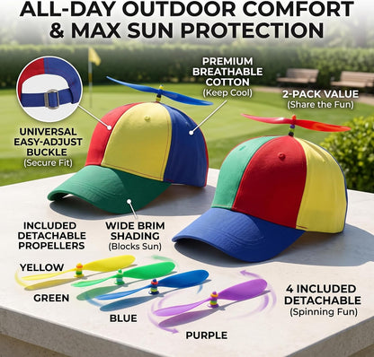 2Pack Adult Baseball Cap, Detachable Rainbow Propeller Hat, Sun Visor Helicopter Top Hat,with 4 Replaceable Bamboo Dragonflies