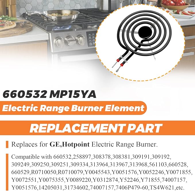 Upgraded 660532 MP15YA Electric Range Burner Element 6 inch 1500W 4 Turns surface element fit for Whirlpool Kenmore ranges replacement burners wfc310s0ak, rf110axsq3, kf330add1,ffef3011lwd,etc.