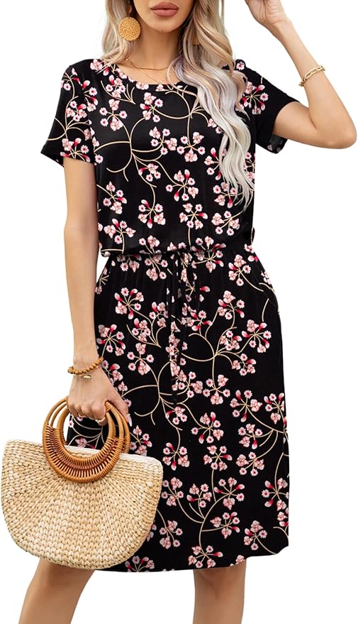 levaca Womens Summer Casual Dress Belly Drawstring Beach Coverup Short Sleeve 2025 Outfit Midi Sundress with Pockets