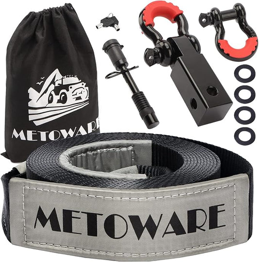 METOWARE Tow Strap Recovery Kit, 3" x 20ft (35,000lbs) Capacity Recovery Strap, 3/4" D Ring Shackles(2pcs) + 2" Shackle Hitch Receiver + 5/8" Hitch Lock + Storage Bag, Emergency Off Road Towing Rope