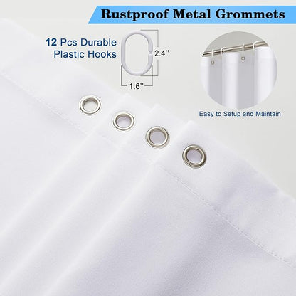 OVZME Zora White Shower Curtain, Fabric Shower Curtain for Bathroom - Soft Cloth Hotel Spa Quality, Water Repellent Bath Decor, Washable Shower Curtain Set with 12 Hooks, Grommets Top, 72Wx72L