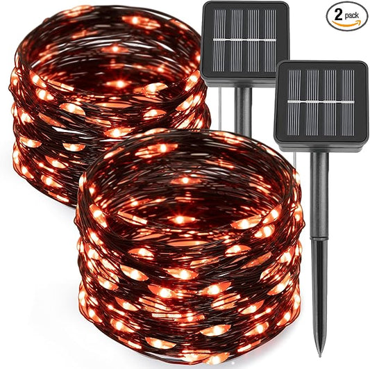 kemooie 2 Pack 100 LED Orange Solar Halloween Lights, 8 Twinkle Modes Waterproof Upgraded Solar Powered Fairy Lights, for Outdoor Garden Patio Christmas Halloween Decorations (Orange)