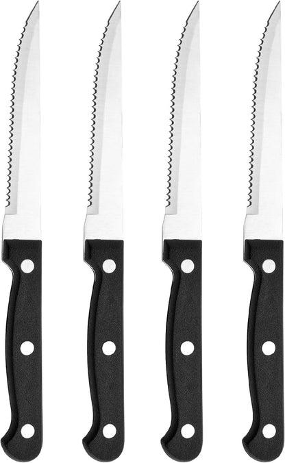 Farberware Stamped Triple Rivet High Carbon Stainless Steel Steak Knife Set, 4-Piece, Black