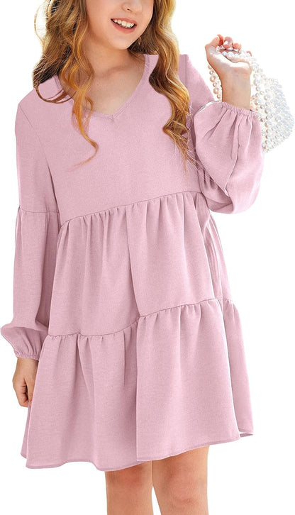 Imily Bela Girls Casual Tunic Dresses V Neck Long Short Sleeve School Party Swing Dress 5-14 Years
