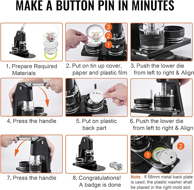 Vevor 3-in-1 Button Maker Machine, 1/1.25/2.28 Inch (25/32/58mm) Pin Press Kit