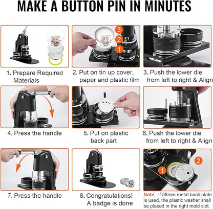 Vevor 3-in-1 Button Maker Machine, 1/1.25/2.28 Inch (25/32/58mm) Pin Press Kit