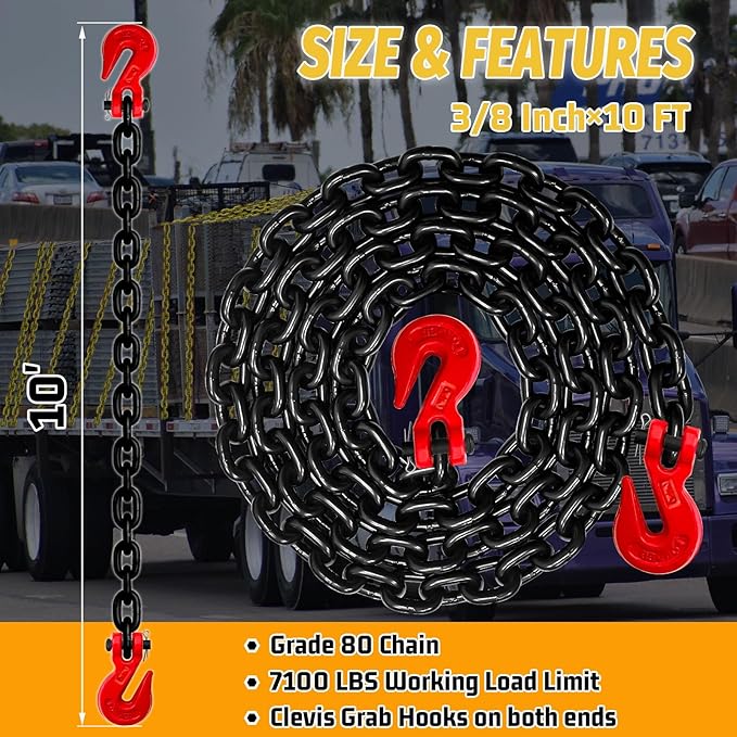 3/8" Transport Binder Chain-G80 Heavy Duty Log Chain with G70 Hooks Wll 7100 lbs|10FT Safety Tow Chains Towing Trailer Extension|Secure Working Load for Tie-Down&Lifting&Flatbed (EP Black)
