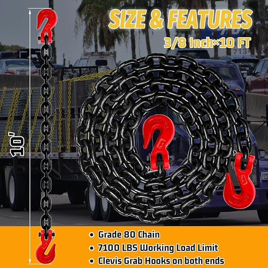 3/8" Transport Binder Chain-G80 Heavy Duty Log Chain with G70 Hooks Wll 7100 lbs|10FT Safety Tow Chains Towing Trailer Extension|Secure Working Load for Tie-Down&Lifting&Flatbed (EP Black)