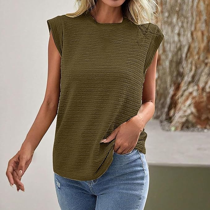 Women's Pleated Texture T Shirt Short Sleeve Solid Color Casual Top Round Neck Office Work Outdoor Loose Fit Summer Blouse