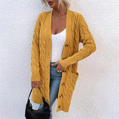 Women's Twists Knitted Loose Sweater Overcoat with Pocket Fashion Front Button