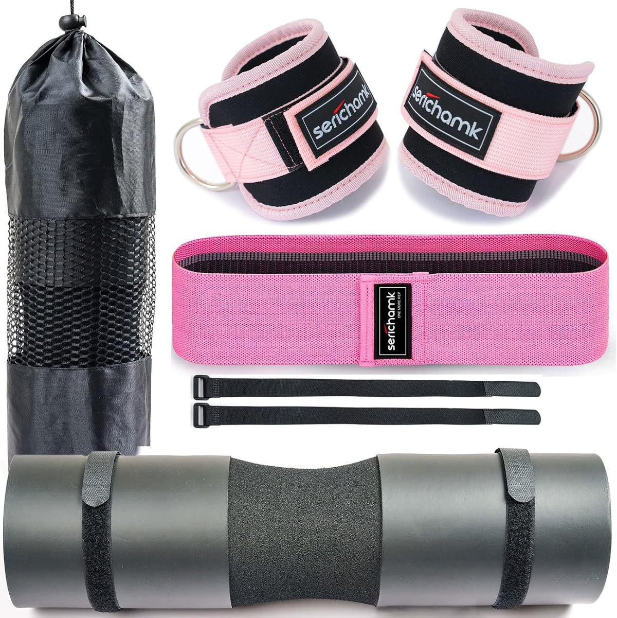 All Pink Barbell Pad for Hip Thrust Squat Bar Pad Foam Barbell Pad for Weight Bar Cushion with 2 Gym Ankle Straps 1 Booty Band and Carry Bag for Standard Olympic Bars