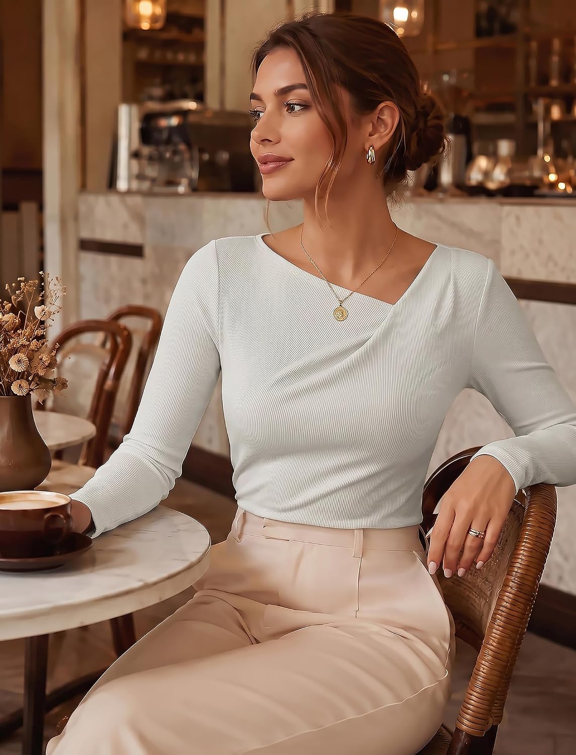 DCCISU Women's Long Sleeve Asymmetrical Cowl Neck Ribbed Tops 2026 Spring Fashion Dressy Shirt Going Out Top.