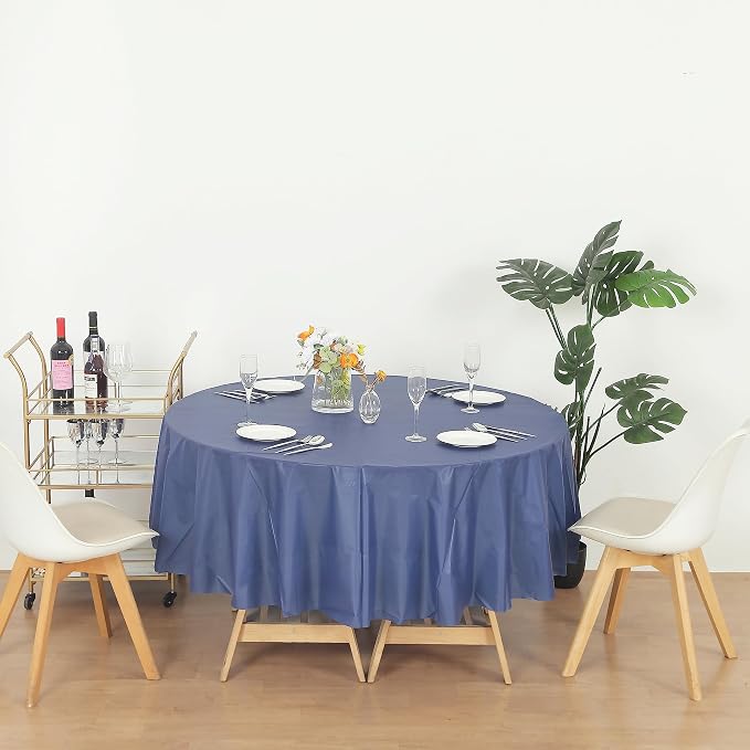 1 Pack 84 Inch Plastic Table Cover, Navy Blue Round Disposable Table Covers Plastic Tablecloth