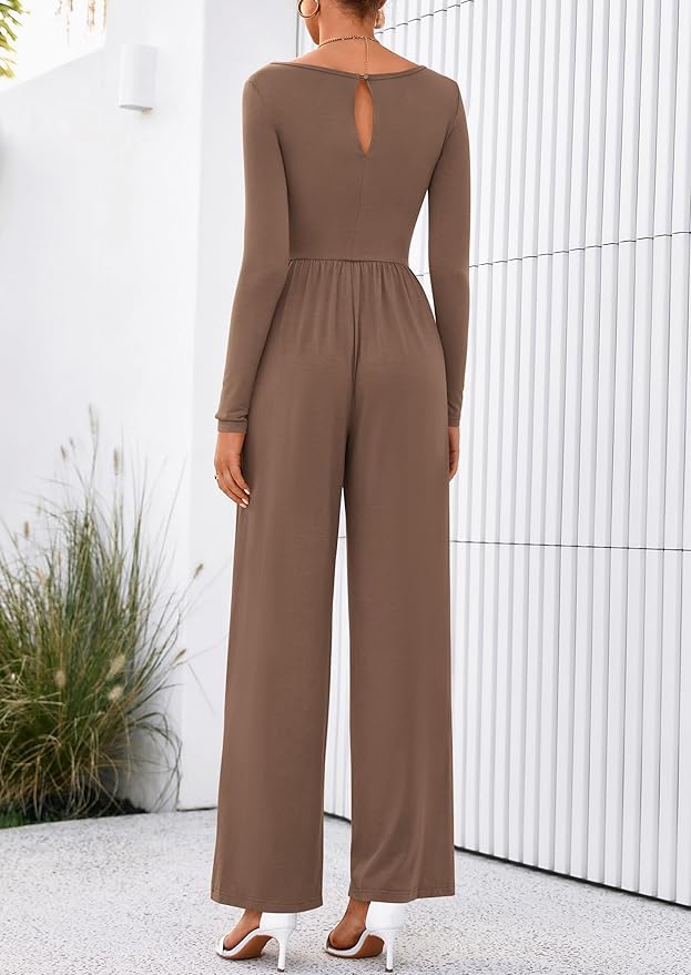 PRETTYGARDEN One Piece Jumpsuits for Women Dressy Casual Long Sleeve Crewneck Wide Leg Rompers Jumpers Vacation Outfits 2025
