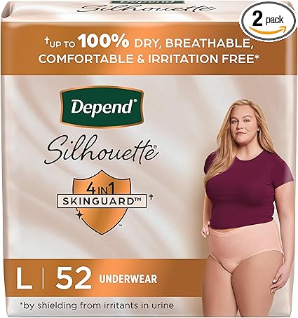 Depend Silhouette Adult Incontinence  Postpartum Underwear for Women, Maximum Absorbency, Large, Pink, 52 Count, Packaging May Vary