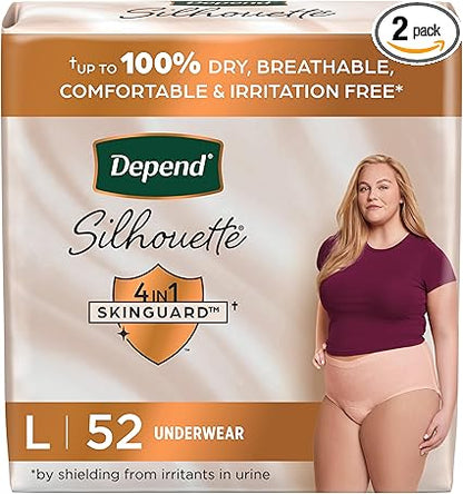 Depend Silhouette Adult Incontinence  Postpartum Underwear for Women, Maximum Absorbency, Large, Pink, 52 Count, Packaging May Vary