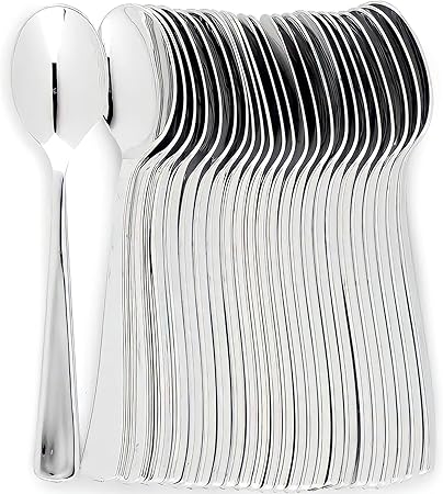 Plastic Cutlery Silverware Extra Heavyweight Disposable Flatware, Full Size Plastic Spoons Like Silver 24 Pack