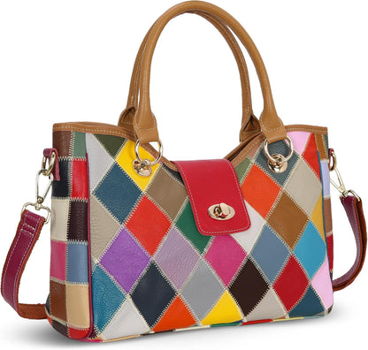 HESHE Genuine Leather Handbags Colorful Purses for Women Crossbody Bag Multi-color Tote Purse Designer Hobo Shoulder Bag