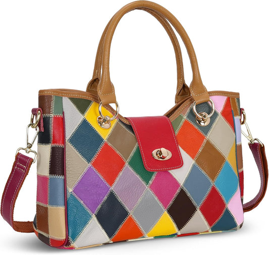 HESHE Genuine Leather Handbags Colorful Purses for Women Crossbody Bag Multi-color Tote Purse Designer Hobo Shoulder Bag