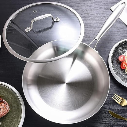 LOLYKITCH 12 Inch Tri-ply 18/8 Stainless Steel Chef's Pan,Frying Pan with Lid,Skillet,Induction Cooking Pan,Pot and Pan Set,Dishwasher and Oven Safe,Detachable Handle.
