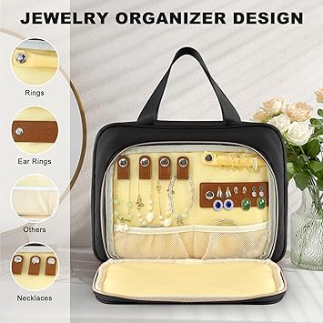 Travel Toiletry Bag, Large Toiletry Bag for Women with Jewelry Organizer Compartment Makeup Bag, Water-resistant Hanging Toiletry Bag for Travel Business Trips and Camping, Black