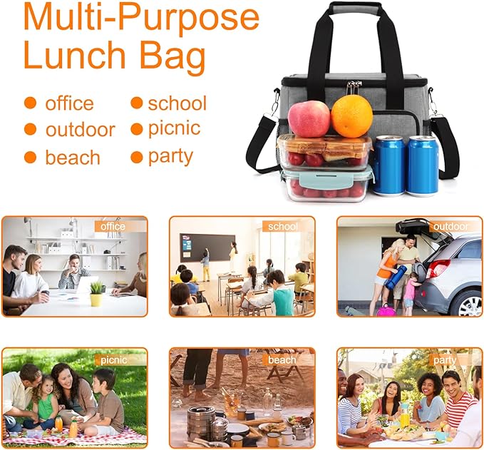 Femuar Lunch Bags for WomenMen, Insulated Lunch Bag for Work Office Picnic - Large Lunch Cooler Bag Leakproof Lunch Box with Adjustable Shoulder Strap for Adults - Grey (15L)